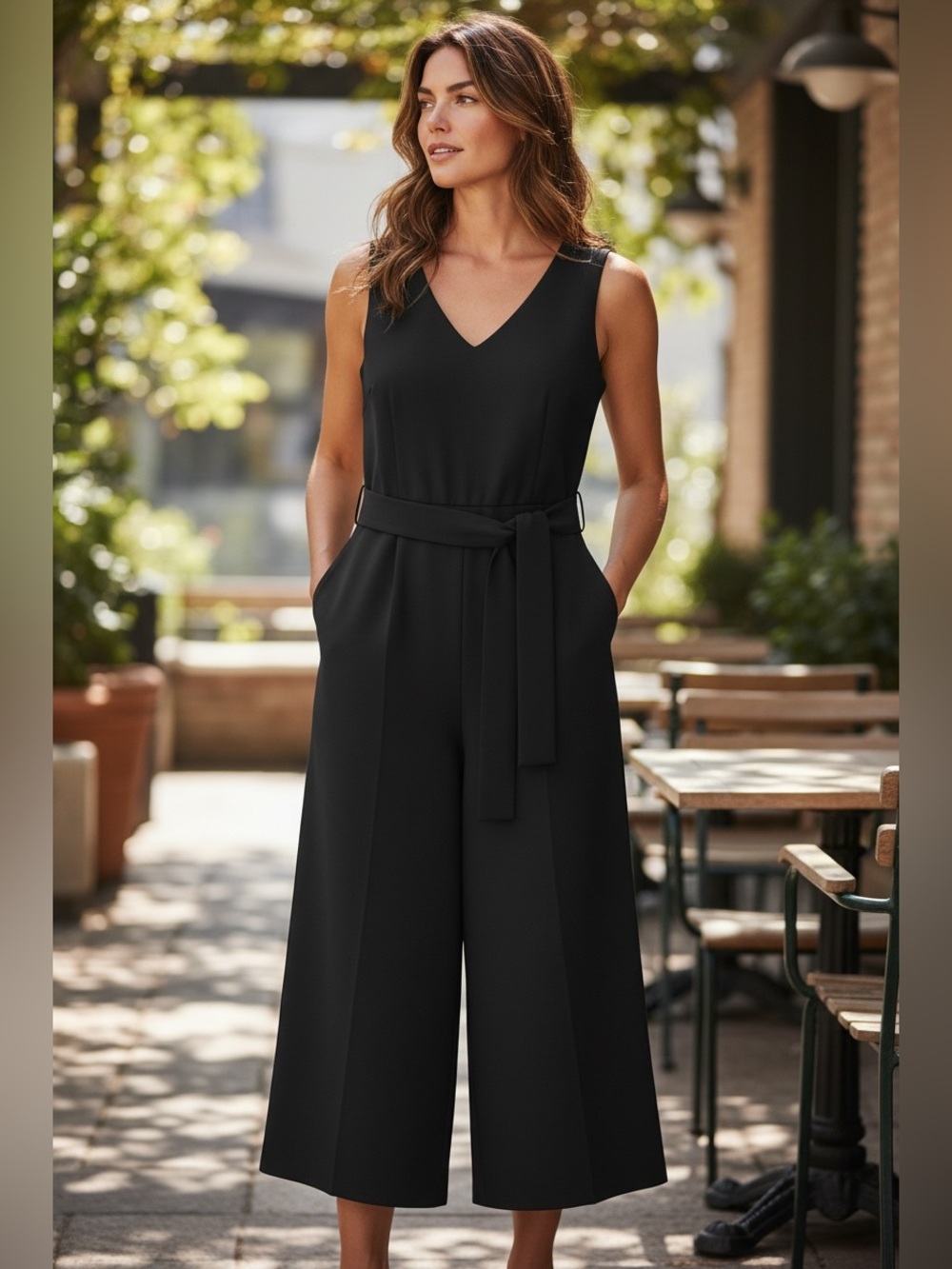 Vince Camuto Black Sleeveless V-Neck Belted Wide-Leg Jumpsuit